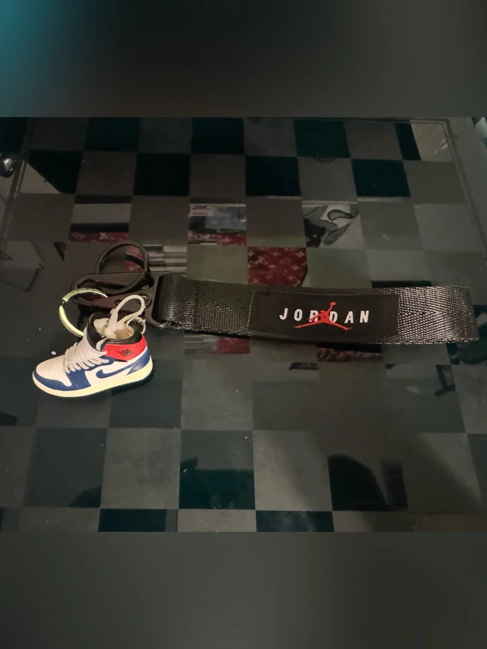 Jordan Mini Sneaker Keychain in White, Blue and Red with Black Strap